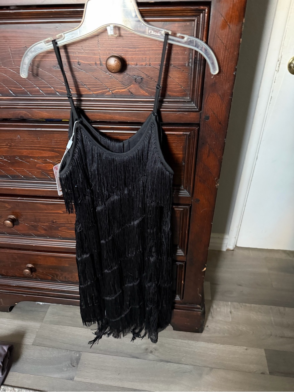Women’s Black Fringe Slip Mini Dress with Spaghetti Straps